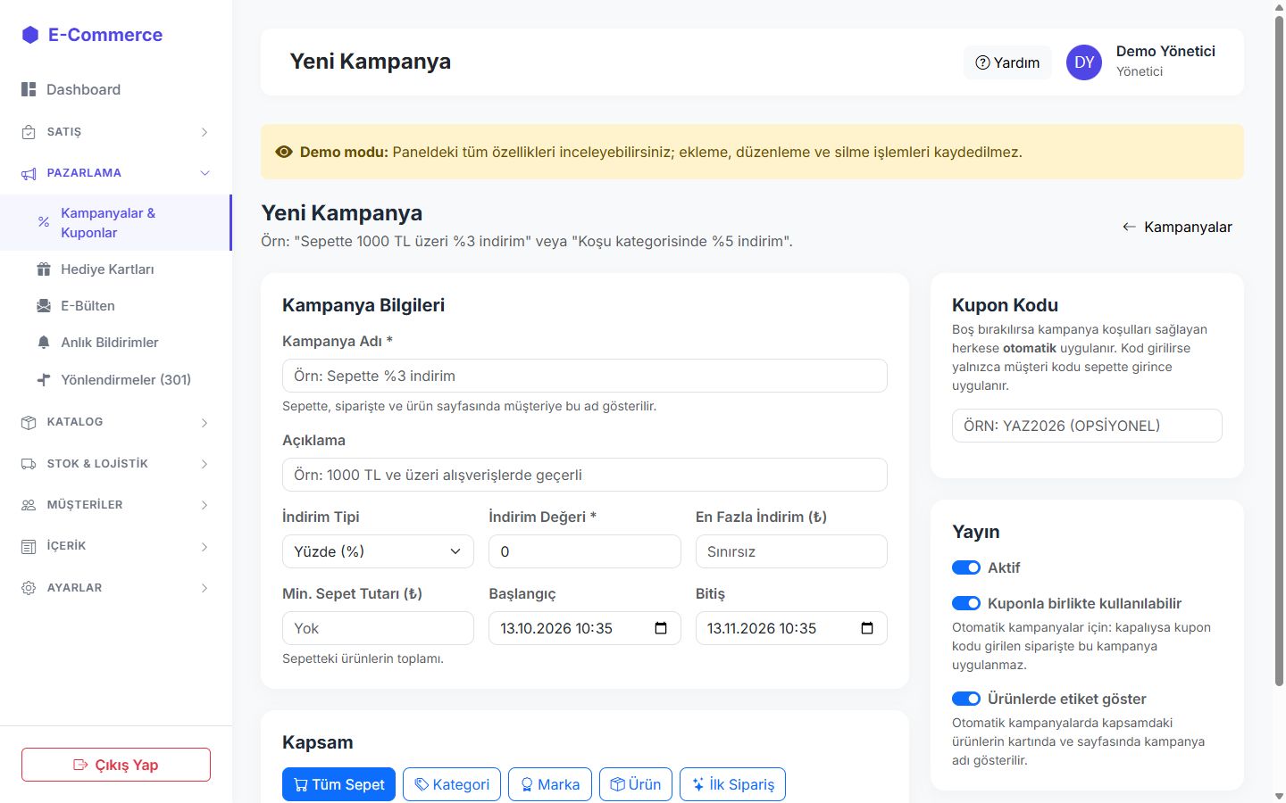 Kampanya oluşturma ekranı